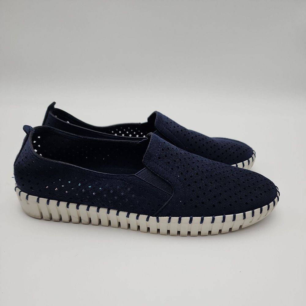 Skechers Sepulveda Blvd Simple Route Sneakers Slip-On Flats Navy Blue Shoes READ